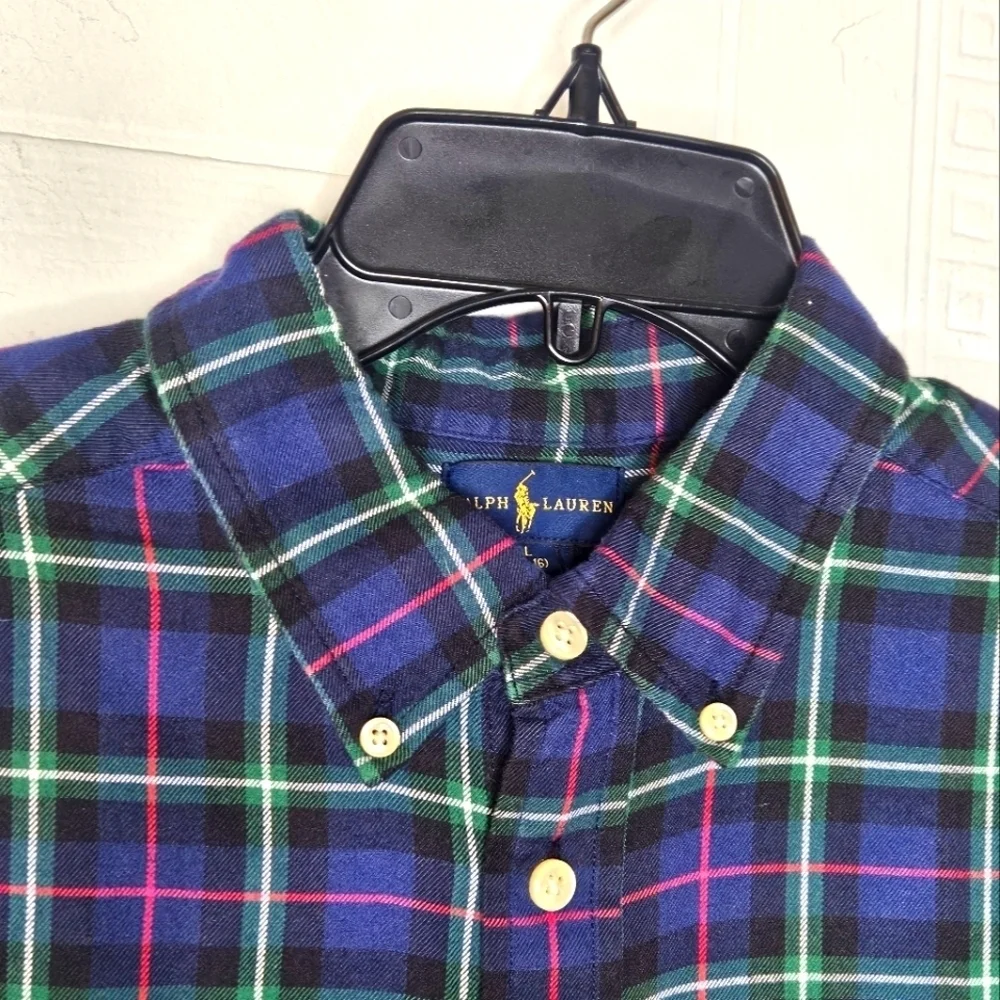 Ralph Lauren Boy Tartan Plaid Button Down Long Sleeve Shirt Navy L (14-16)